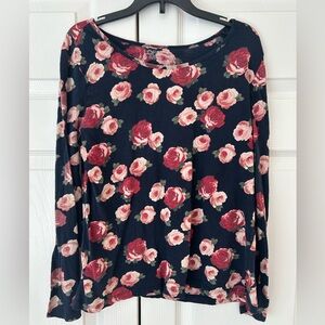 LOFT Women’s Blue/Red Flower Print Long Sleeve Cotton Tunic Blouse Shirt Size S